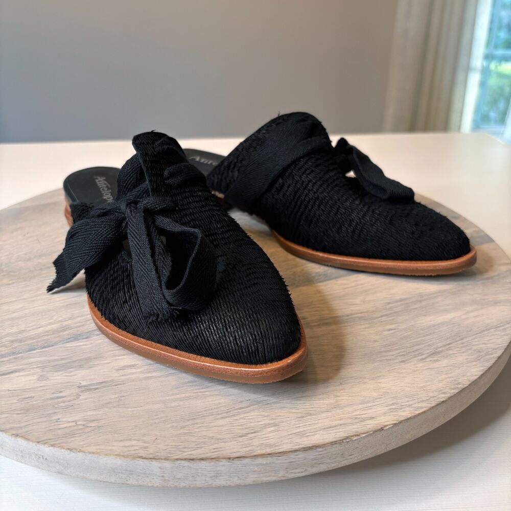 Anthropologie Antelope Handmade Black Bow Mules EU Size 39 US Size 9